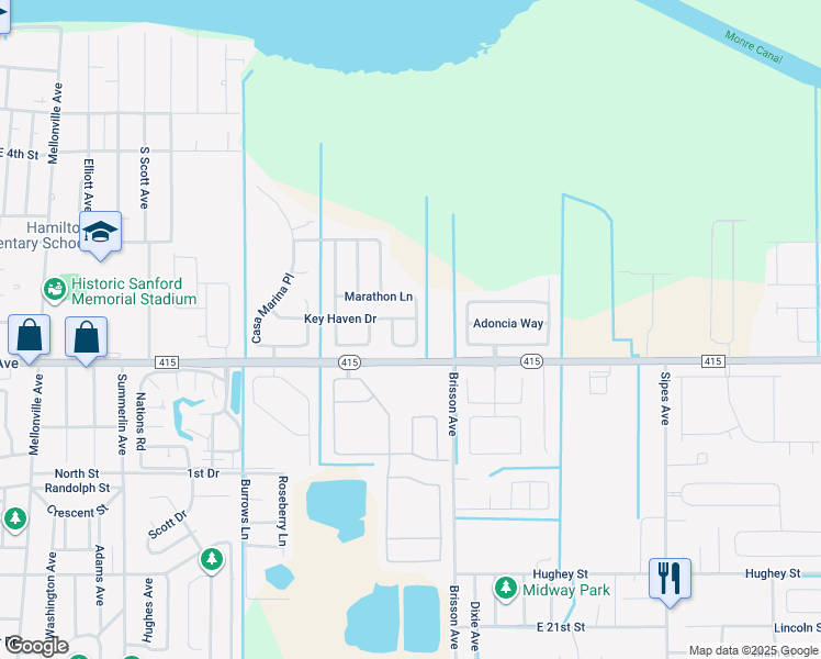 map of restaurants, bars, coffee shops, grocery stores, and more near 407 Marathon Lane in Sanford