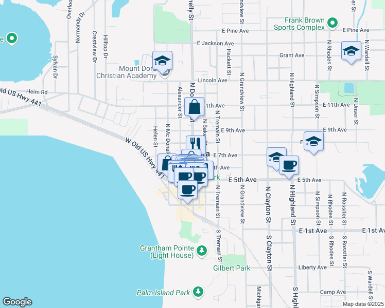 map of restaurants, bars, coffee shops, grocery stores, and more near in Mount Dora
