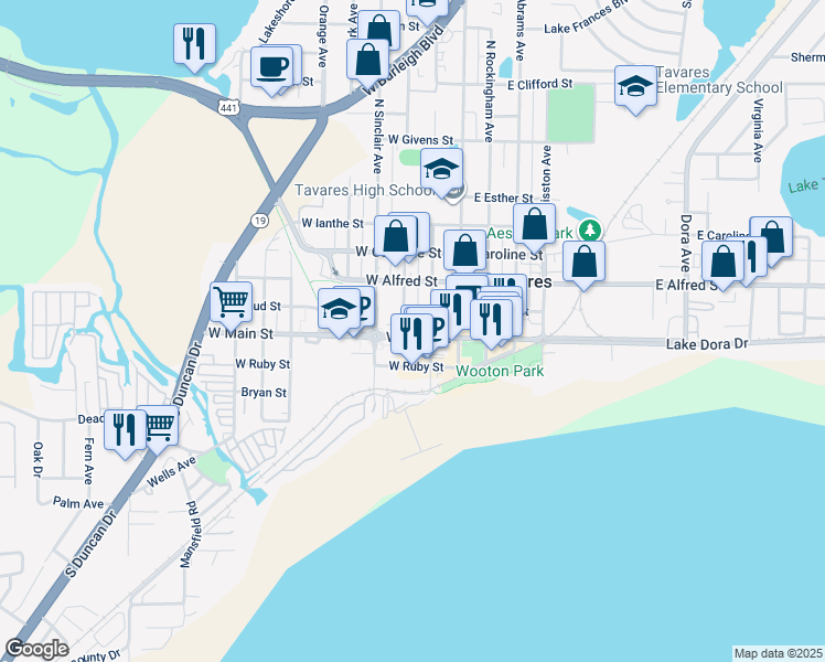 map of restaurants, bars, coffee shops, grocery stores, and more near 124 North Sinclair Avenue in Tavares