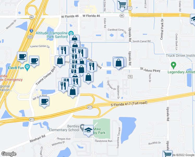 map of restaurants, bars, coffee shops, grocery stores, and more near 1601 Rinehart Road in Sanford