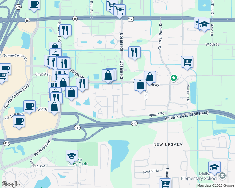 map of restaurants, bars, coffee shops, grocery stores, and more near 101 Bellagio Circle in Sanford
