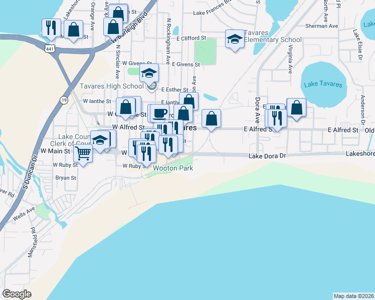 map of restaurants, bars, coffee shops, grocery stores, and more near 100 North Disston Avenue in Tavares