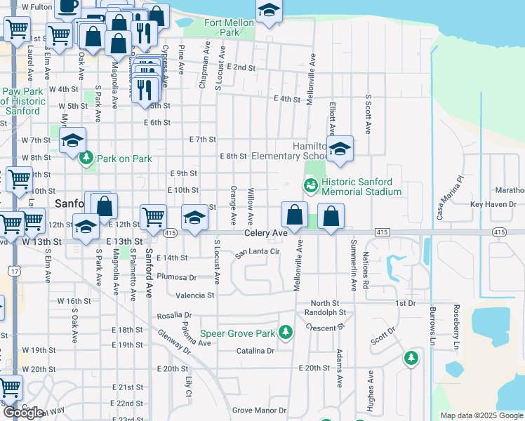 map of restaurants, bars, coffee shops, grocery stores, and more near 1014 South Bay Avenue in Sanford