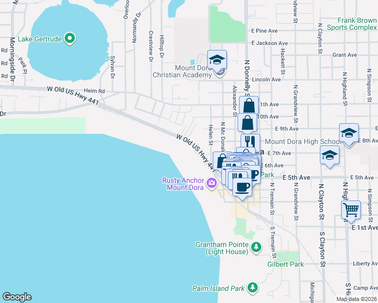 map of restaurants, bars, coffee shops, grocery stores, and more near 628 Lake Dora Road in Mount Dora