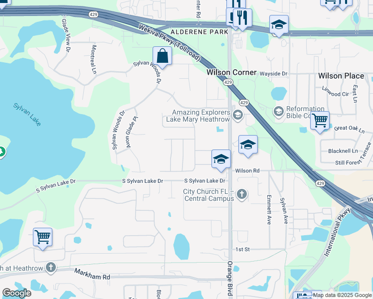 map of restaurants, bars, coffee shops, grocery stores, and more near 309 Meadow Beauty Terrace in Sanford