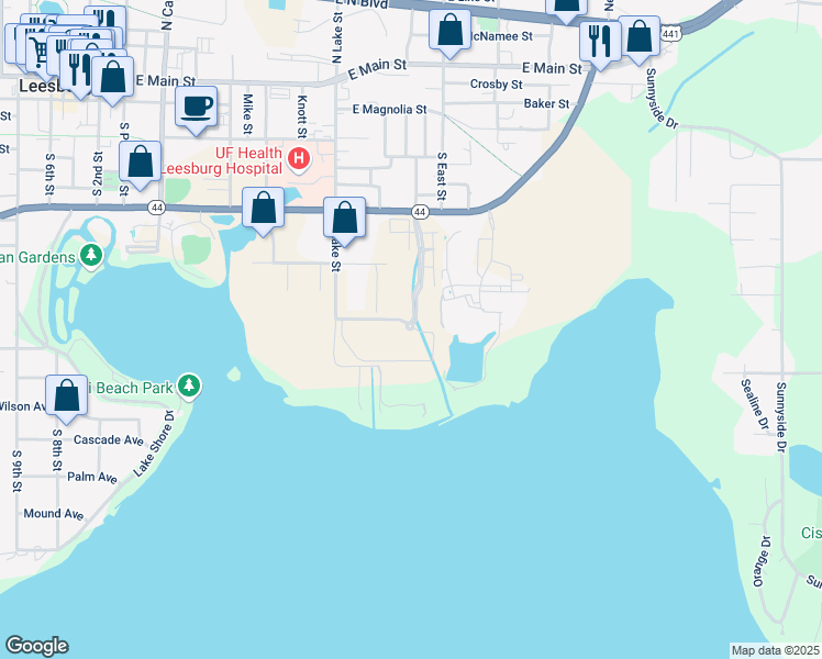 map of restaurants, bars, coffee shops, grocery stores, and more near 624 Lake Port Boulevard in Leesburg
