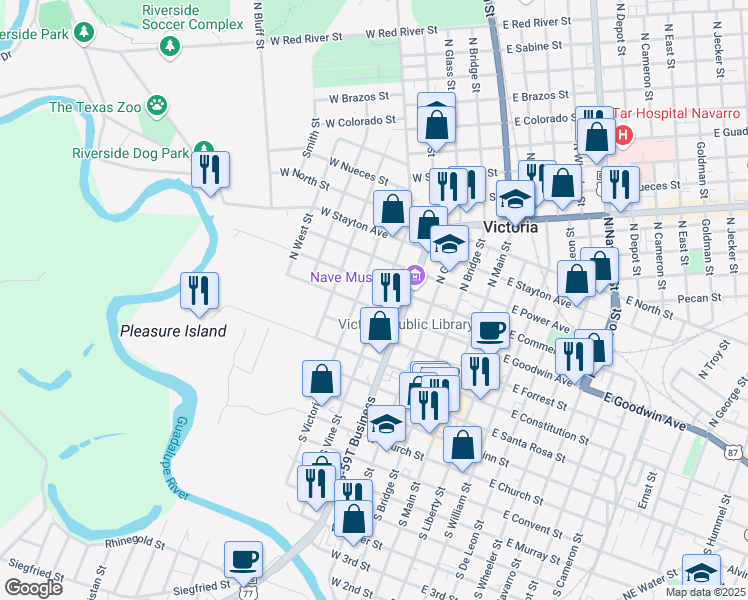 map of restaurants, bars, coffee shops, grocery stores, and more near 301 North Vine Street in Victoria