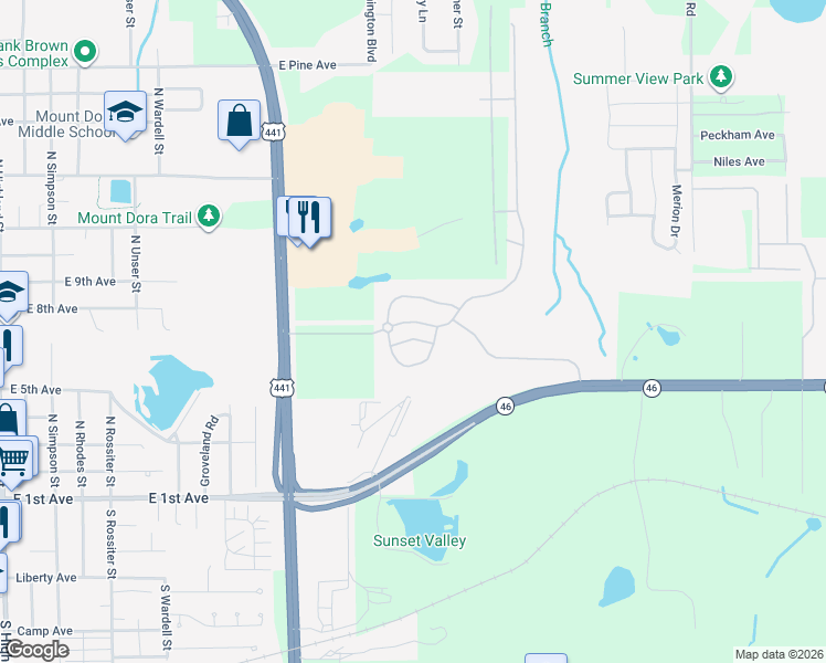 map of restaurants, bars, coffee shops, grocery stores, and more near 800 Haring Lane in Mount Dora
