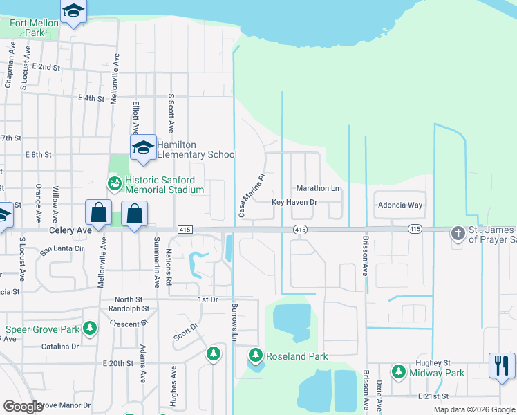 map of restaurants, bars, coffee shops, grocery stores, and more near 116 Key Haven Drive in Sanford