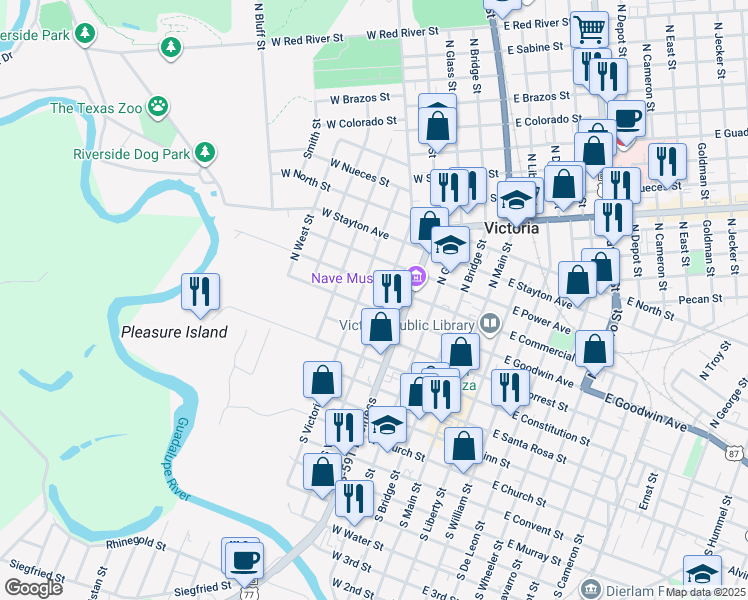 map of restaurants, bars, coffee shops, grocery stores, and more near 301 North Vine Street in Victoria