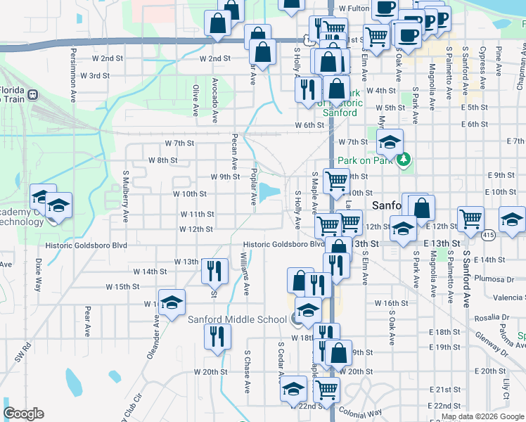 map of restaurants, bars, coffee shops, grocery stores, and more near 922 West 11th Street in Sanford