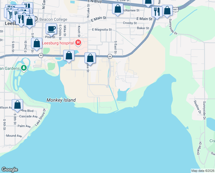 map of restaurants, bars, coffee shops, grocery stores, and more near 624 Lake Port Boulevard in Leesburg