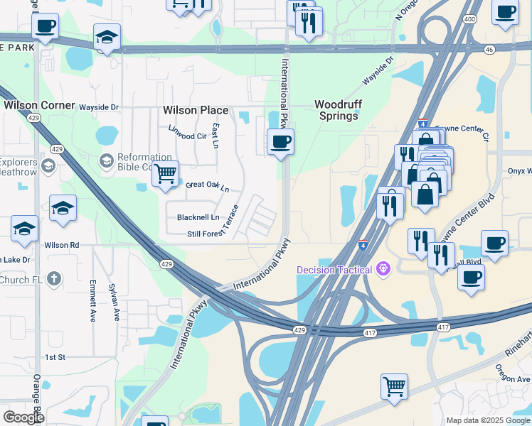 map of restaurants, bars, coffee shops, grocery stores, and more near 509 Telfair Square Court in Sanford