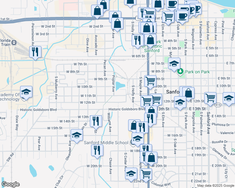 map of restaurants, bars, coffee shops, grocery stores, and more near 922 West 11th Street in Sanford