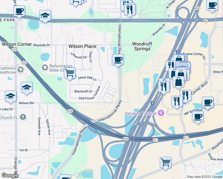 map of restaurants, bars, coffee shops, grocery stores, and more near 509 Telfair Square Court in Sanford