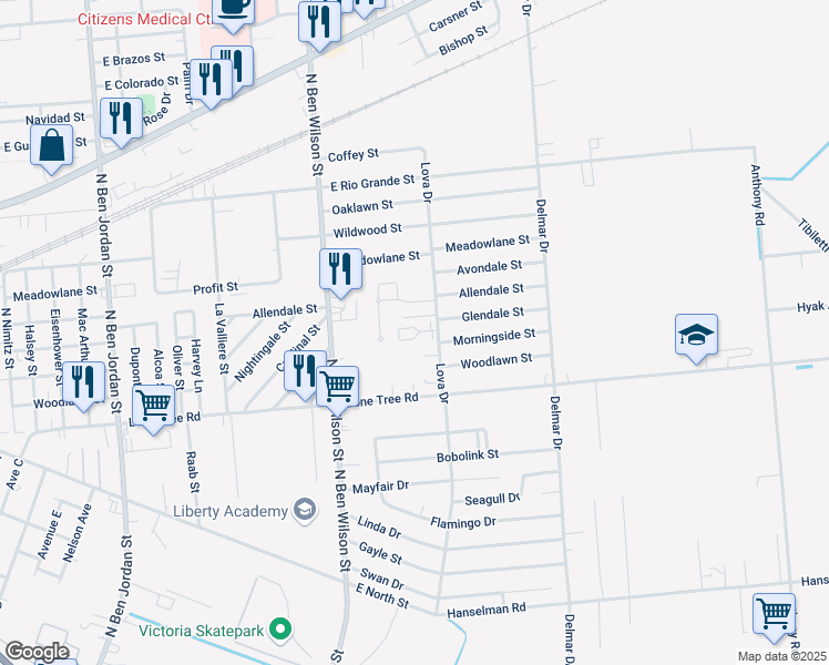 map of restaurants, bars, coffee shops, grocery stores, and more near 1901 Lova Drive in Victoria