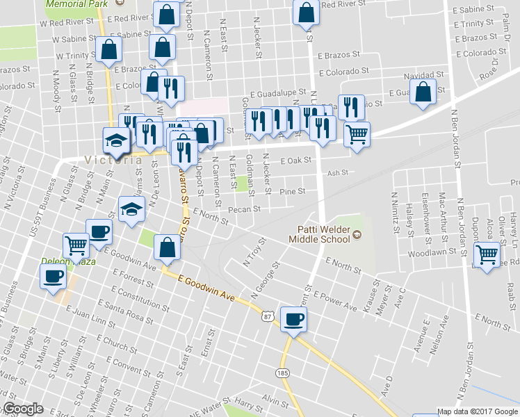 map of restaurants, bars, coffee shops, grocery stores, and more near 906 Pecan Street in Victoria