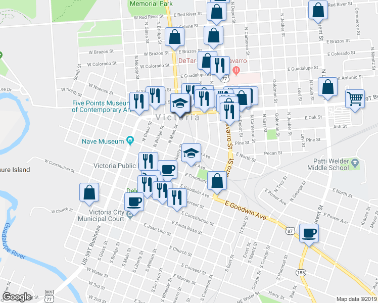 map of restaurants, bars, coffee shops, grocery stores, and more near 507 N William St in Victoria