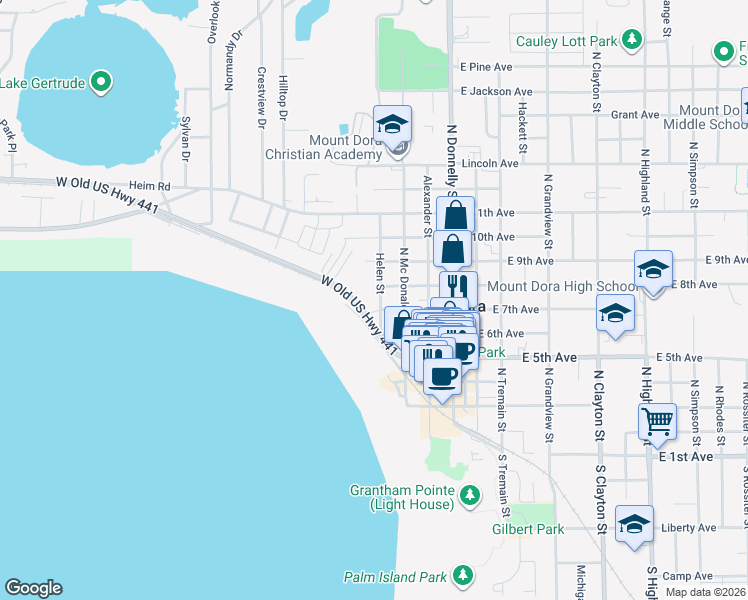 map of restaurants, bars, coffee shops, grocery stores, and more near 733 Helen Street in Mount Dora