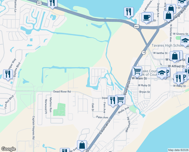 map of restaurants, bars, coffee shops, grocery stores, and more near 136 Sycamore Drive in Tavares