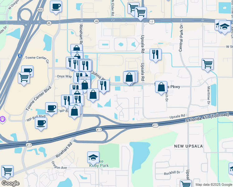 map of restaurants, bars, coffee shops, grocery stores, and more near 1161 Loyola Court in Sanford