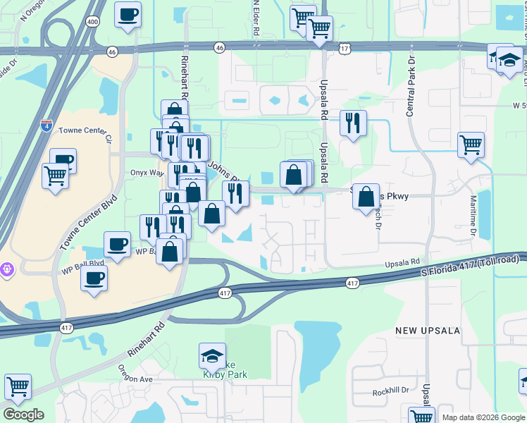 map of restaurants, bars, coffee shops, grocery stores, and more near 1121 Loyola Court in Sanford