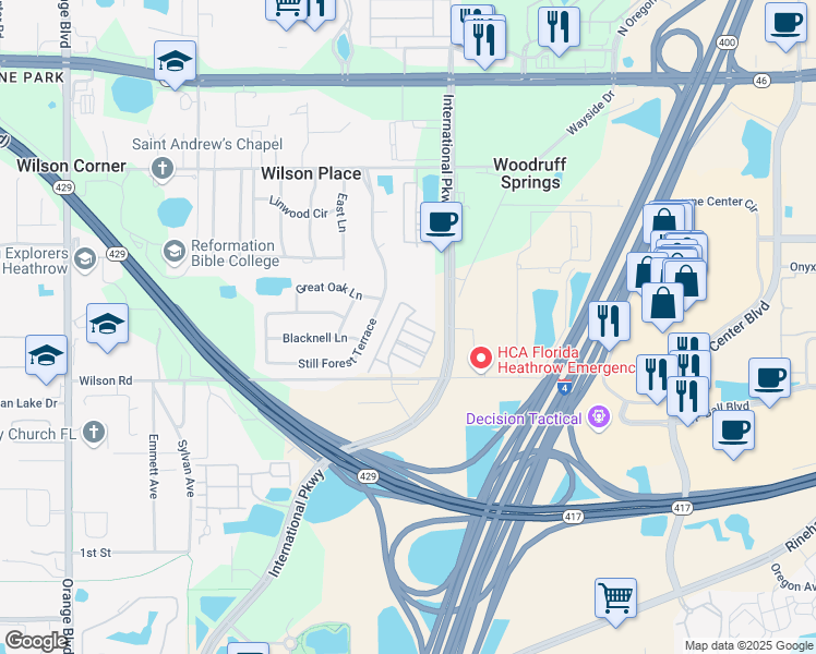map of restaurants, bars, coffee shops, grocery stores, and more near 509 Telfair Square Court in Sanford