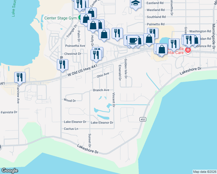 map of restaurants, bars, coffee shops, grocery stores, and more near 820 Vincent Drive in Mount Dora
