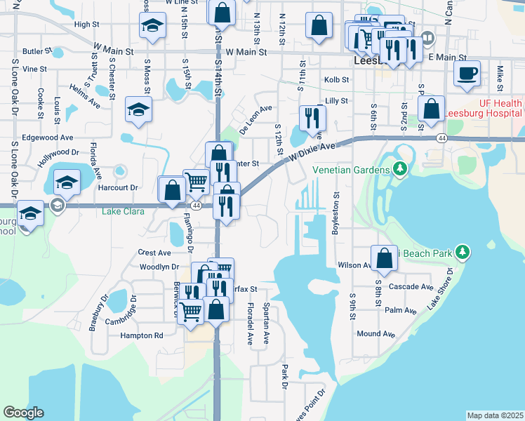 map of restaurants, bars, coffee shops, grocery stores, and more near 1200 Waterford Drive in Leesburg