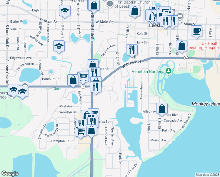 map of restaurants, bars, coffee shops, grocery stores, and more near 1202 Waterford Drive in Leesburg