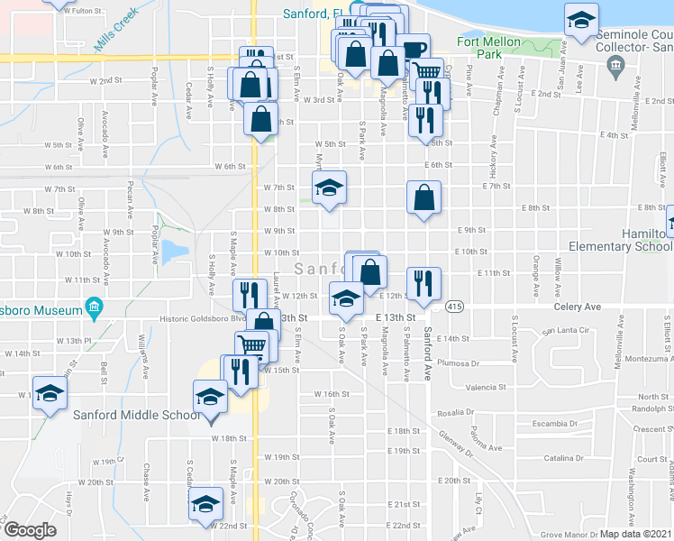 map of restaurants, bars, coffee shops, grocery stores, and more near 1018 South Oak Avenue in Sanford