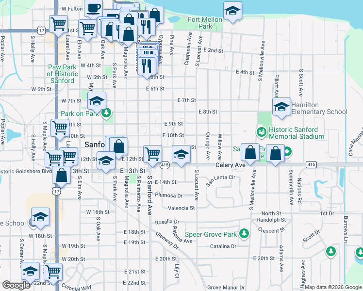 map of restaurants, bars, coffee shops, grocery stores, and more near 1015 Pine Avenue in Sanford