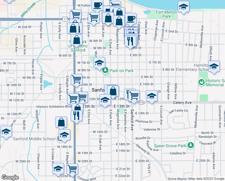map of restaurants, bars, coffee shops, grocery stores, and more near 1012 Magnolia Avenue in Sanford