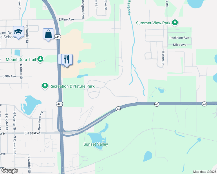 map of restaurants, bars, coffee shops, grocery stores, and more near 2287 Sabastian Street in Mount Dora