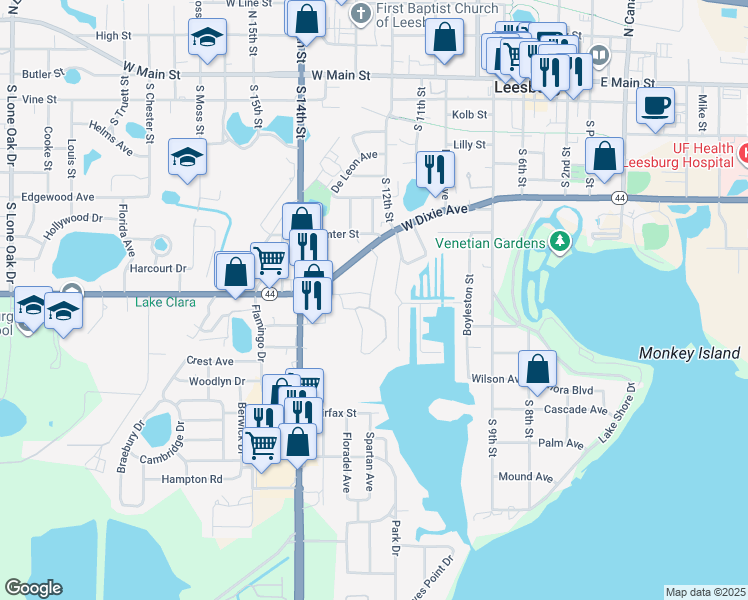 map of restaurants, bars, coffee shops, grocery stores, and more near 1202 Waterford Drive in Leesburg