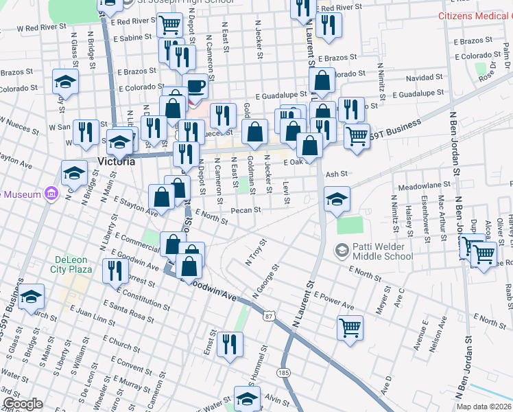 map of restaurants, bars, coffee shops, grocery stores, and more near 906 Pecan Street in Victoria