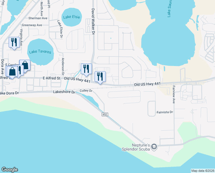 map of restaurants, bars, coffee shops, grocery stores, and more near 15236 Old US Highway 441 in Tavares