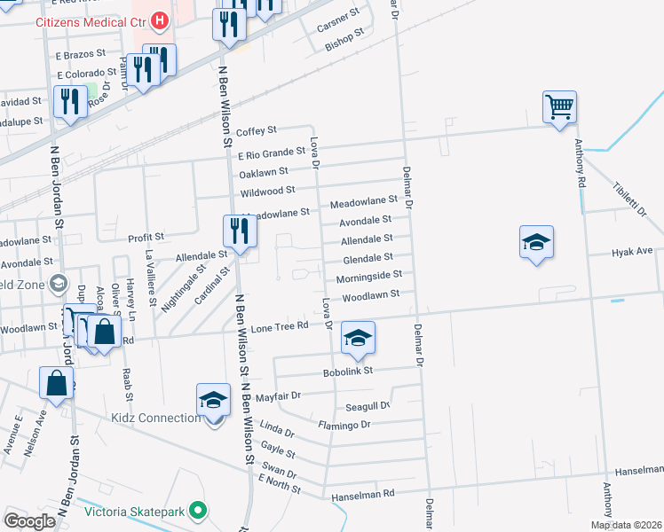 map of restaurants, bars, coffee shops, grocery stores, and more near 3303 Glendale Street in Victoria