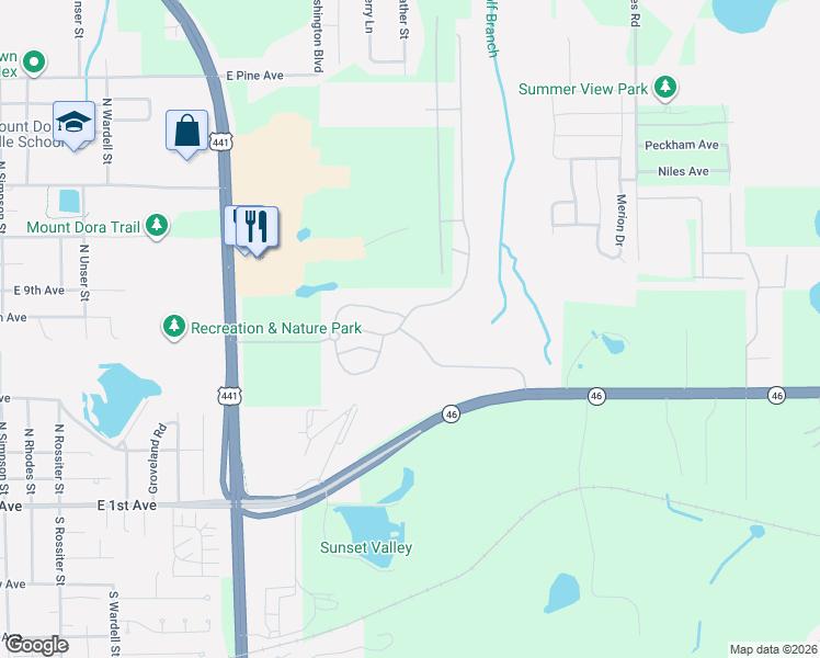 map of restaurants, bars, coffee shops, grocery stores, and more near 2287 Sabastian Street in Mount Dora