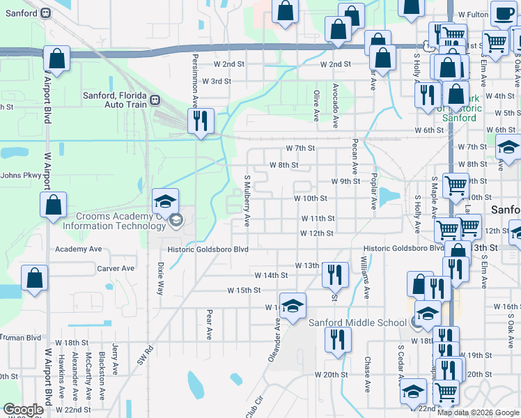 map of restaurants, bars, coffee shops, grocery stores, and more near 1006 Jessamine Avenue in Sanford