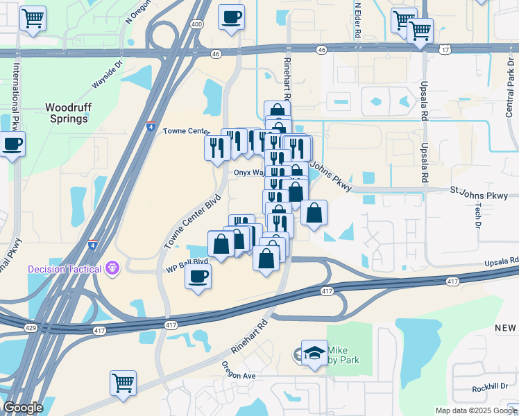 map of restaurants, bars, coffee shops, grocery stores, and more near 11304 Solstice Loop in Sanford