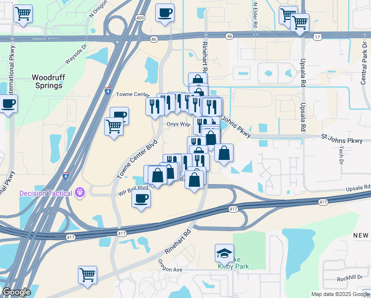 map of restaurants, bars, coffee shops, grocery stores, and more near 11304 Solstice Loop in Sanford