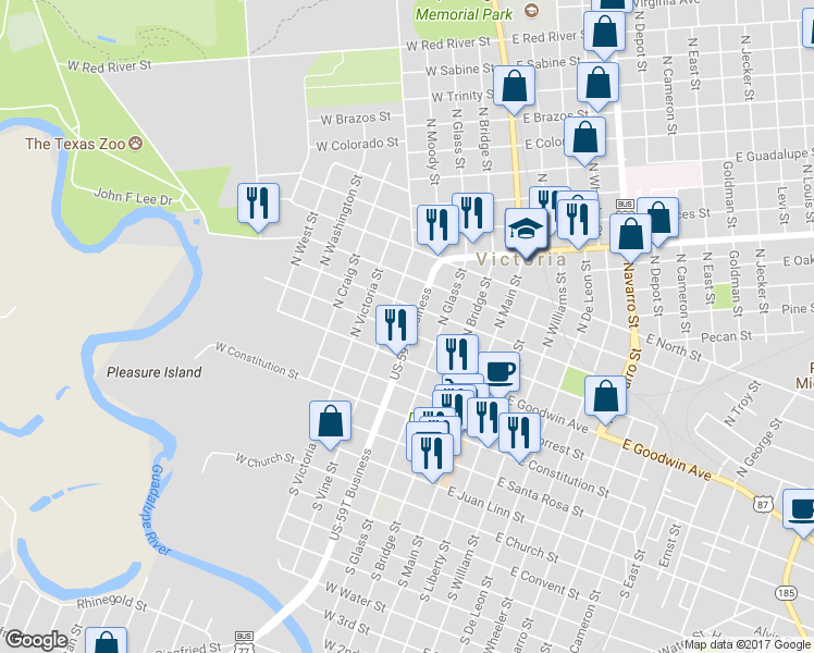 map of restaurants, bars, coffee shops, grocery stores, and more near 402 West Commercial Street in Victoria