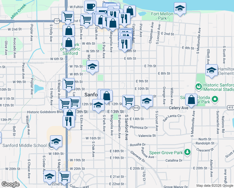 map of restaurants, bars, coffee shops, grocery stores, and more near 1007 South Palmetto Avenue in Sanford