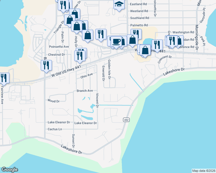 map of restaurants, bars, coffee shops, grocery stores, and more near 815 Golden Isle Drive in Mount Dora