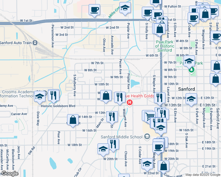 map of restaurants, bars, coffee shops, grocery stores, and more near 1014 Avocado Avenue in Sanford