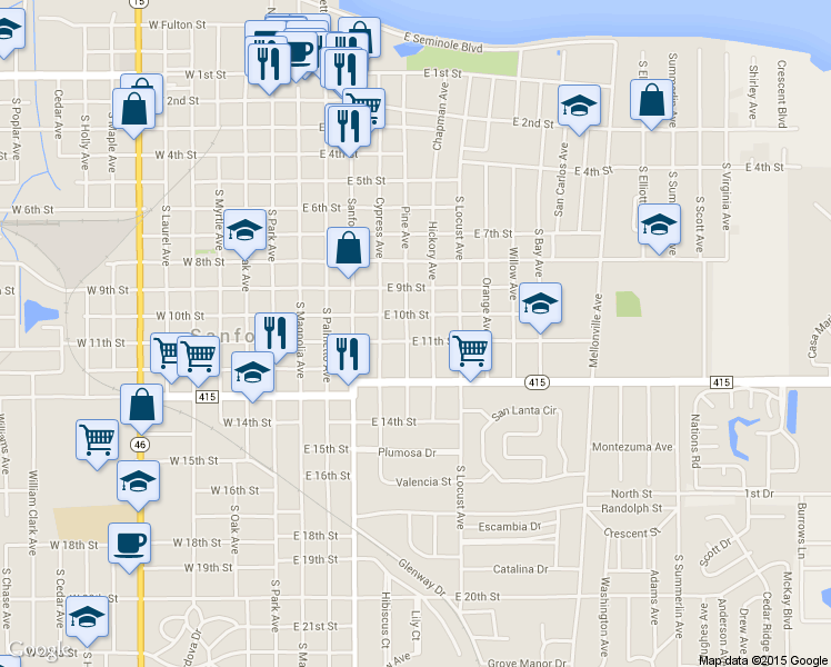 map of restaurants, bars, coffee shops, grocery stores, and more near 1015 Pine Avenue in Sanford