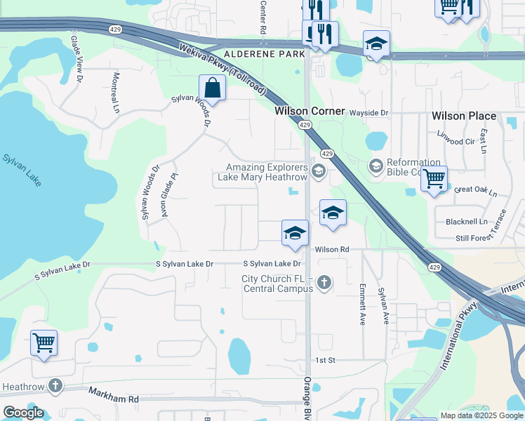 map of restaurants, bars, coffee shops, grocery stores, and more near 309 Meadow Beauty Terrace in Sanford