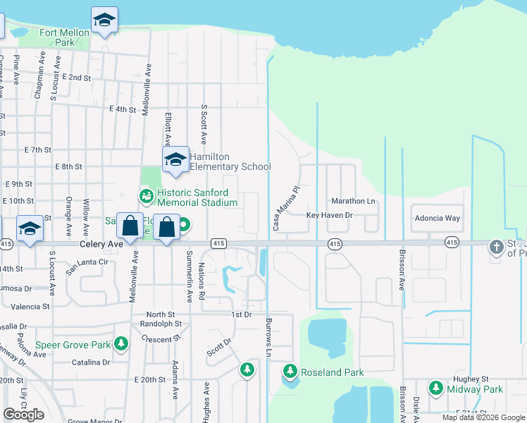 map of restaurants, bars, coffee shops, grocery stores, and more near 412 Casa Marina Place in Sanford