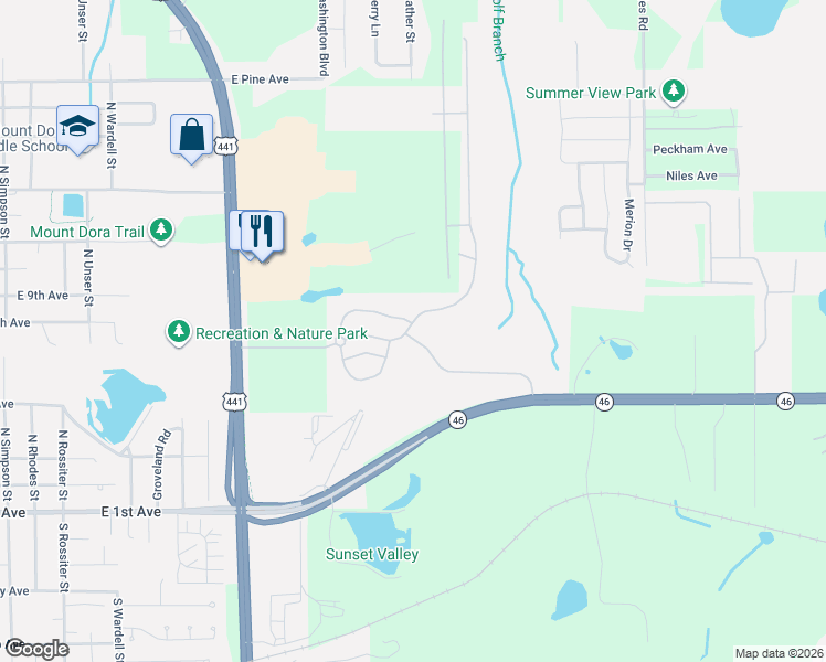 map of restaurants, bars, coffee shops, grocery stores, and more near 2287 Sabastian Street in Mount Dora